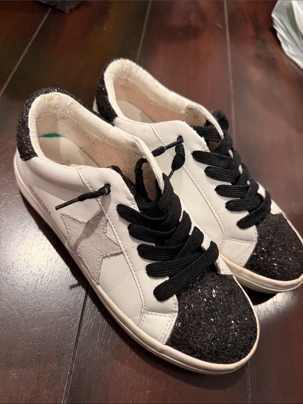 Vintage Havana White Sneakers with Black Glitter Toe and Heel